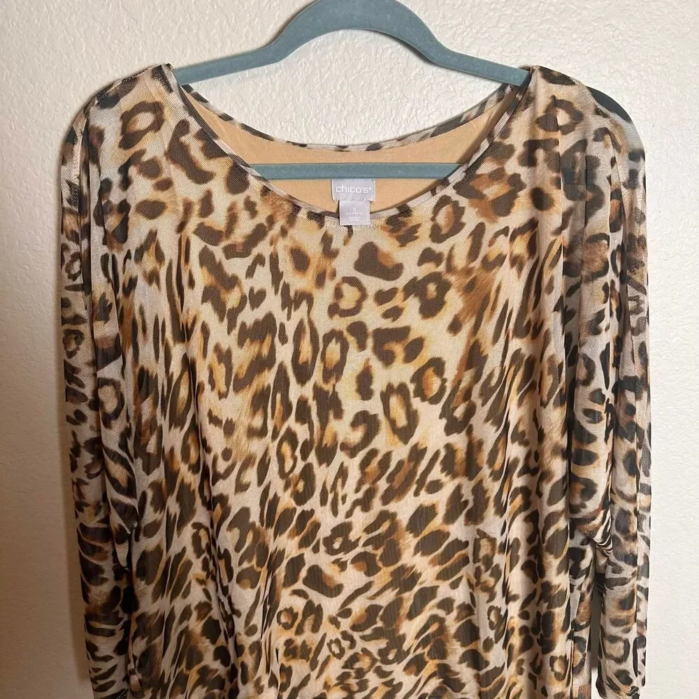 Chico's Leopard Print Mesh Overlay Side Tie Blouse XL Sz 3 3/4 Sleeve Top - Picture 3 of 8